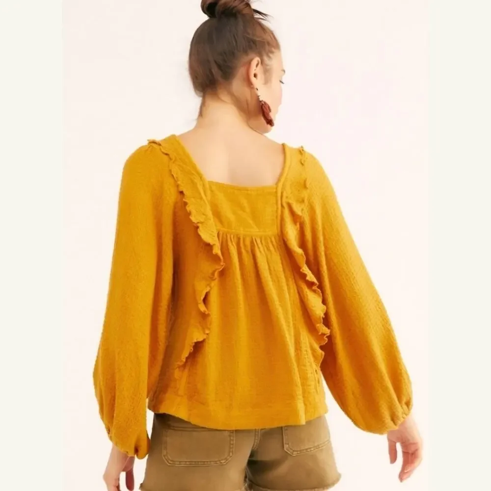 FREE PEOPLE Bonnie Ruffle Long Sleeve Peasant Top In Marigold Relaxed Fall Sz XS